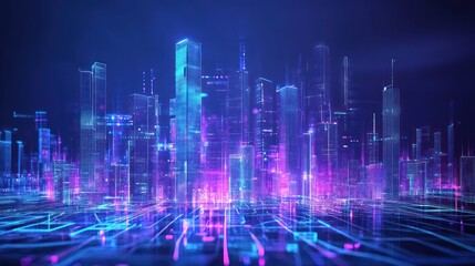 Holographic city with floating digital skyscrapers, smart traffic systems, virtual environmental elements, futuristic and sleek technology design, cyberpunk city aesthetics 
