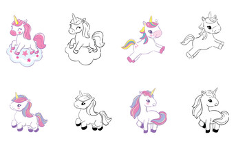 Hand Drawn Cute Unicorn Fun Outline and Colored Design Vector Illustration