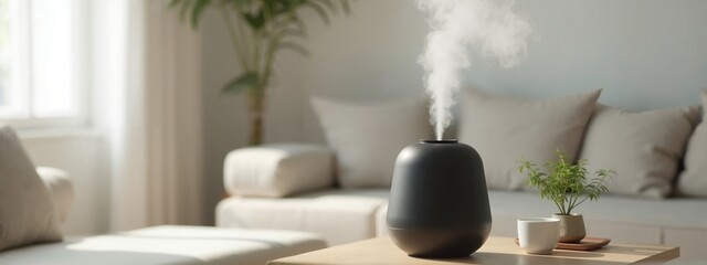 Essential oil diffuser emits vapor in cozy living room, aromatherapy