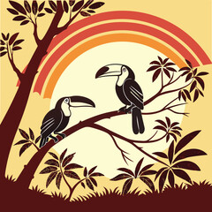Tropical Jungle Scene: Exotic Birds in Flight Silhouettes Bird Flock Silhouettes Above Rainforest Trees
