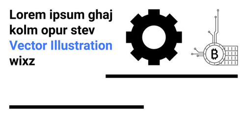 Cogwheel with network connections, Bitcoin symbol, placeholder text, and horizontal line dividers. Ideal for blockchain, cryptocurrency, tech services, fintech, digital transactions, online security