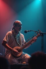 Obraz premium Elderly musician playing sitar on stage, cultural performance