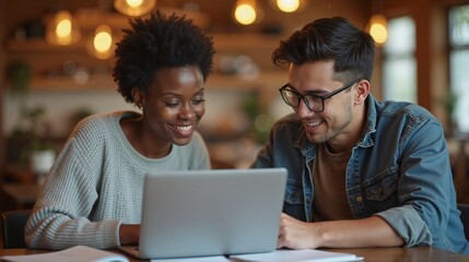 Diverse coworkers smile while collaborating on laptop, teamwork