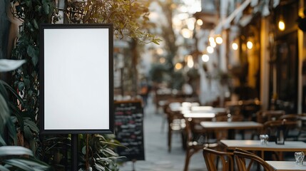 mockup white poster with black frame stand in front of blur restaurant cafe background for show or present promotion product concept.
