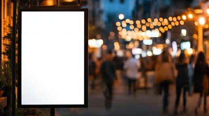 mockup white poster with black frame stand in front of blur restaurant cafe background for show or present promotion product concept.