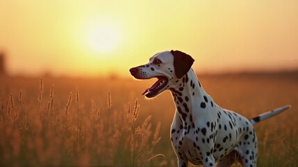 Dalmatian dog in golden field at sunset, serene companionship