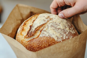 close-up of hand placing freshly baked loaf of crusty bread into paper bag at farmer market