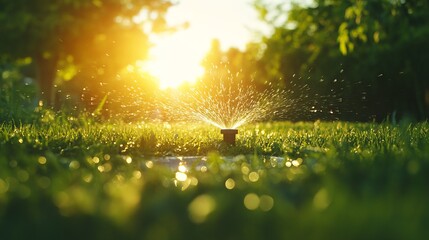 Modern Sprinkler Watering Lawn on a Sunny Summer Day AI generated illustration