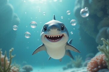 Cute cartoon shark smiling underwater, marine life whimsy