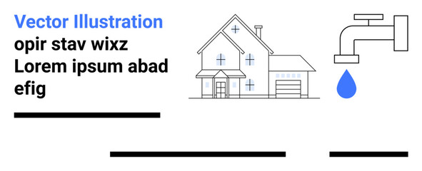 House with detailed architecture and adjacent faucet with a blue water drop. Ideal for home improvement, water conservation, real estate, plumbing services, sustainability, eco-friendly solutions
