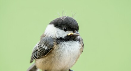 Obraz premium Close-up of a charming chickadee on a soft green background for nature art and education