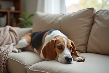 Cute beagle resting on cozy sofa, pet companionship