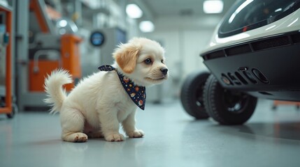 Curious puppy explores auto repair shop, adorable adventure © Tasha