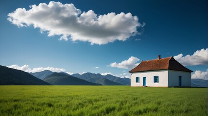 Obraz premium a white house in a green field with mountains in the background