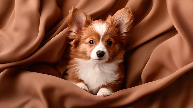 Papillon Puppy on Satin Brown Fabric, Mocha Mousse Background cover, banner, screensaver, mini dog