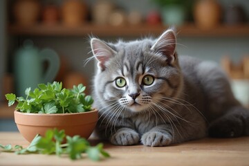 Curious gray cat beside herb plant, domestic companionship