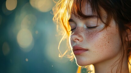 Young Woman With Freckles Eyes Closed In Sunlight