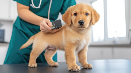 Vet examining microchip implant on puppy, close-up view of the device in a caring veterinary environment, ensuring pet's identification safety.