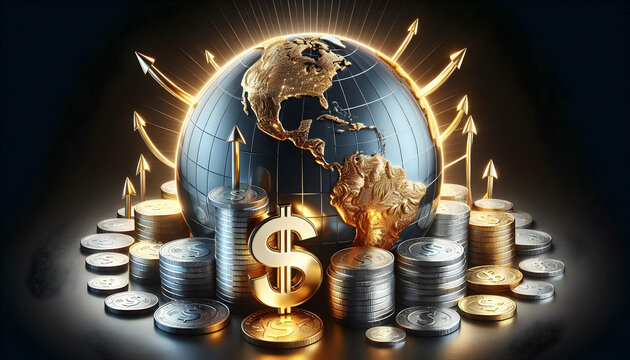 Bitcoin Crypto A radiant globe with polished gold continents and a silver grid surrounded by luminous dollar-emboss1