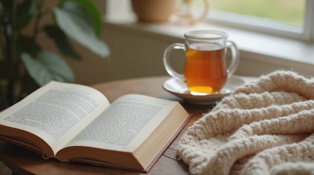 Cozy reading nook with open book, tea, and blanket, relaxation
