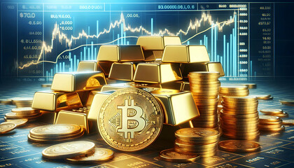 A pile of shining gold bars and gold coins stacked high, with a Bitcoin (฿) symbol prominently place4