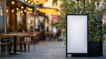 mockup white poster with black frame stand in front of blur restaurant cafe background for show or present promotion product concept.