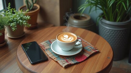 Cozy coffee break with latte art and plants, relaxation moment