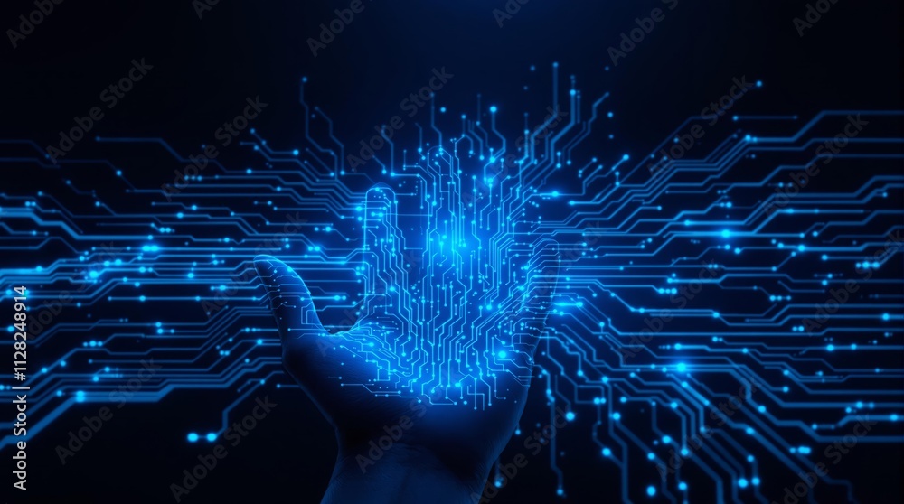 Poster futuristic glowing blue circuit hand on dark background symbolizing technology and connection.