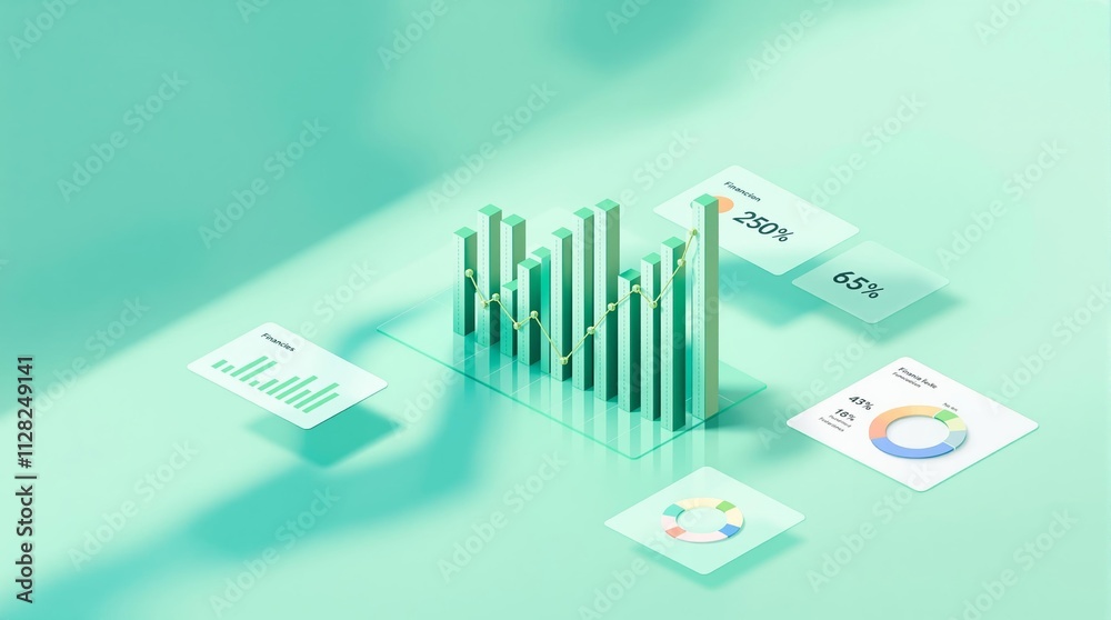 Aufkleber abstract financial data visualization with charts, bar graphs, and percentages on a green background