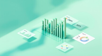 Abstract financial data visualization with charts, bar graphs, and percentages on a green background.