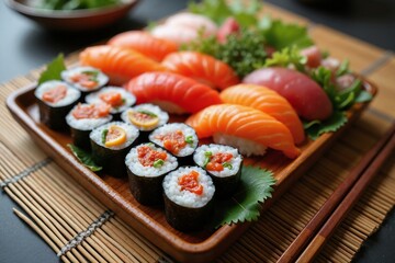 Colorful sushi platter with nigiri and maki rolls, Japanese cuisine