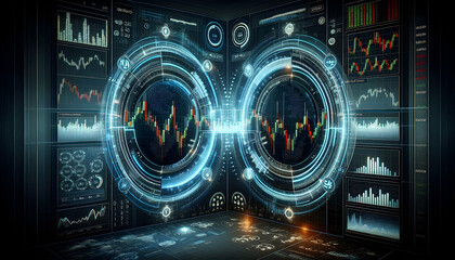 Bitcoin Crypto A Forex and stock market dual-display screen showcasing synchronized bar and candlestick charts, sur3
