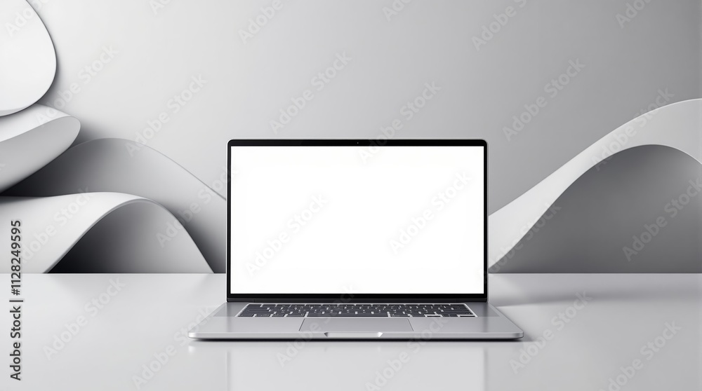 Aufkleber minimalistic laptop with blank screen on abstract white background.