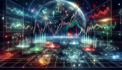 Bitcoin Crypto A futuristic Forex environment with multi-layered holographic currency analysis, vibrant green and r1