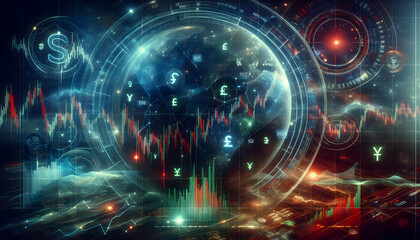 Bitcoin Crypto A futuristic Forex environment with multi-layered holographic currency analysis, vibrant green and r2