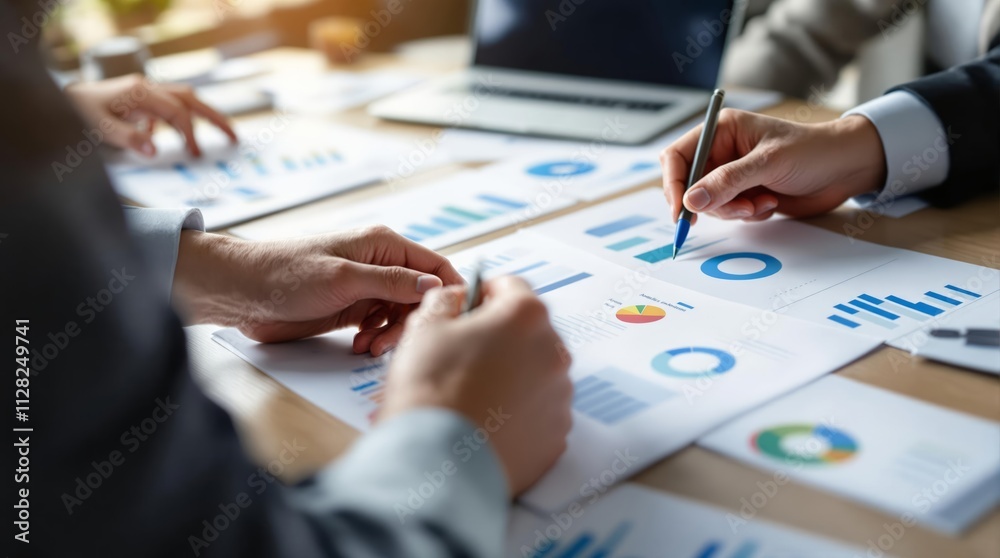 Aufkleber Hands analyzing financial charts and data with pens and papers on a desk in a workplace setting.