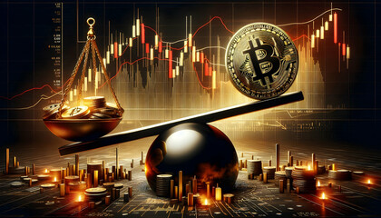 Bitcoin Crypto A dynamic digital artwork showing a Bitcoin coin on a seesaw, balanced on a spherical pivot In the b1