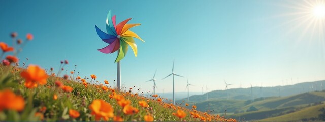 Colorful pinwheel and poppies with wind turbines, renewable energy © Tasha