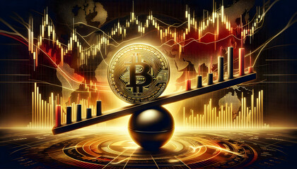 Bitcoin Crypto A dynamic digital artwork showing a Bitcoin coin on a seesaw, balanced on a spherical pivot In the b3