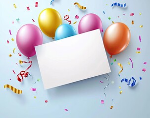 Vector background with a blank white card, colorful balloons, and confetti on the sides