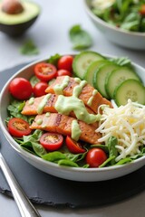 Colorful salmon salad with avocado dressing, healthy eating