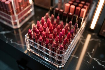 Colorful lipstick collection in display, beauty variety