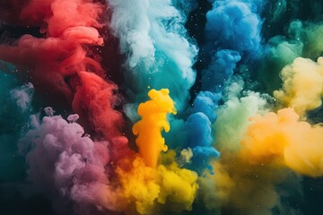 Vibrant multicolored ink clouds swirl. Ideal for abstract art, design, and backgrounds.