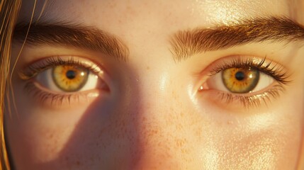 Fototapeta premium Golden Sunlight Illuminates Freckled Face And Eyes