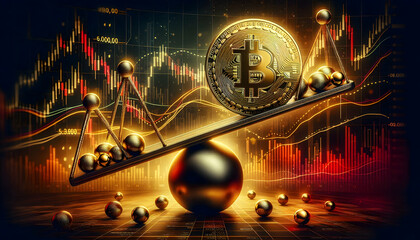 Bitcoin Crypto A dramatic digital artwork featuring a Bitcoin coin balanced on a seesaw, with a spherical pivot at 3