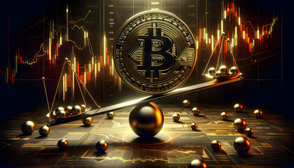 Bitcoin Crypto A dramatic digital artwork of a Bitcoin coin balanced on a seesaw, supported by a spherical pivot, w1