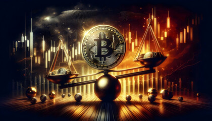 Bitcoin Crypto A dramatic digital artwork of a Bitcoin coin balanced on a seesaw, supported by a spherical pivot, w3
