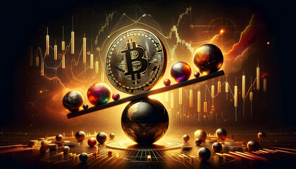 Bitcoin Crypto A dramatic digital artwork of a Bitcoin coin balanced on a seesaw, supported by a spherical pivot, w2