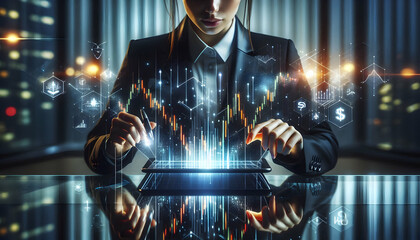 Bitcoin Crypto A businesswoman in a sleek black suit holding a tablet emitting a glowing hologram of a candlestick 1