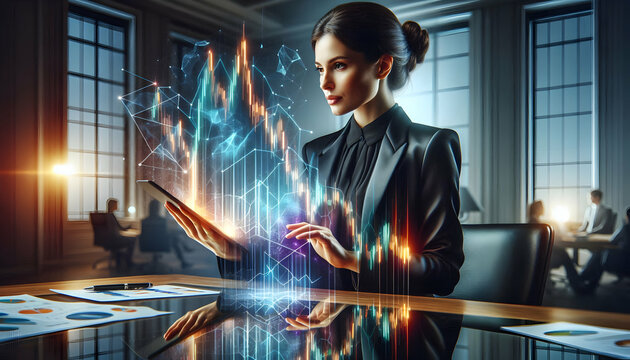 Bitcoin Crypto A businesswoman in a sleek black suit holding a tablet emitting a glowing hologram of a candlestick 3